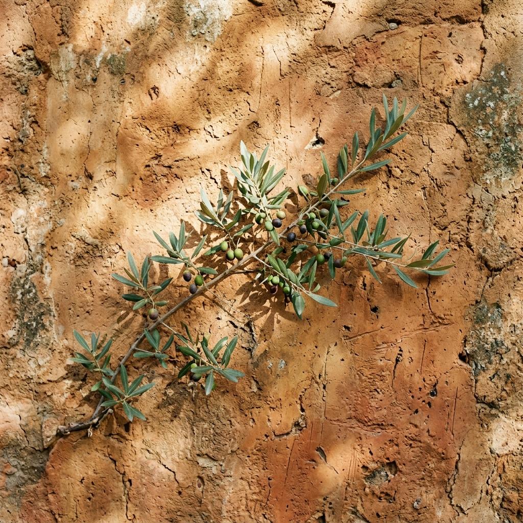 Mediterranean olive branch on terracotta wall
