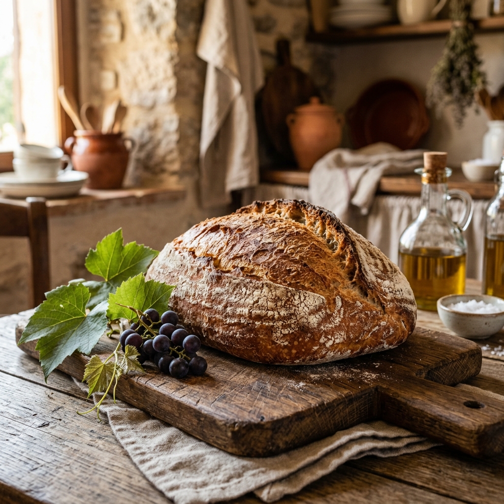 Rustic artisan bread with vine leaves