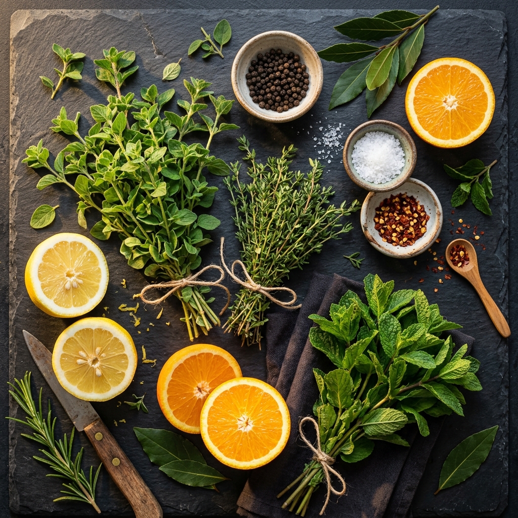 Mediterranean herbs and citrus